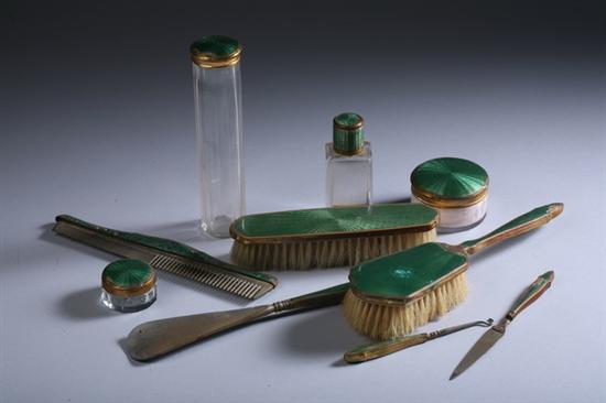 Appraisal: TEN-PIECE EMERALD GREEN GUILLOCHE ENAMEL VANITY SET AND CASE Including