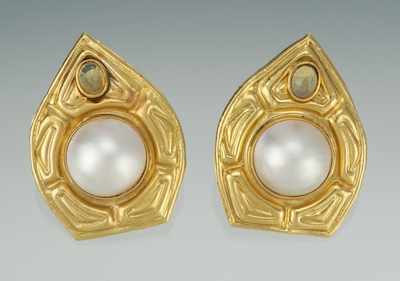 Appraisal: A Pair of Oversized Earrings With Mabe Pearls and Citrine