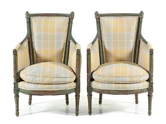 Appraisal: A Pair of Directoire Painted Bergeres Height inches A Pair