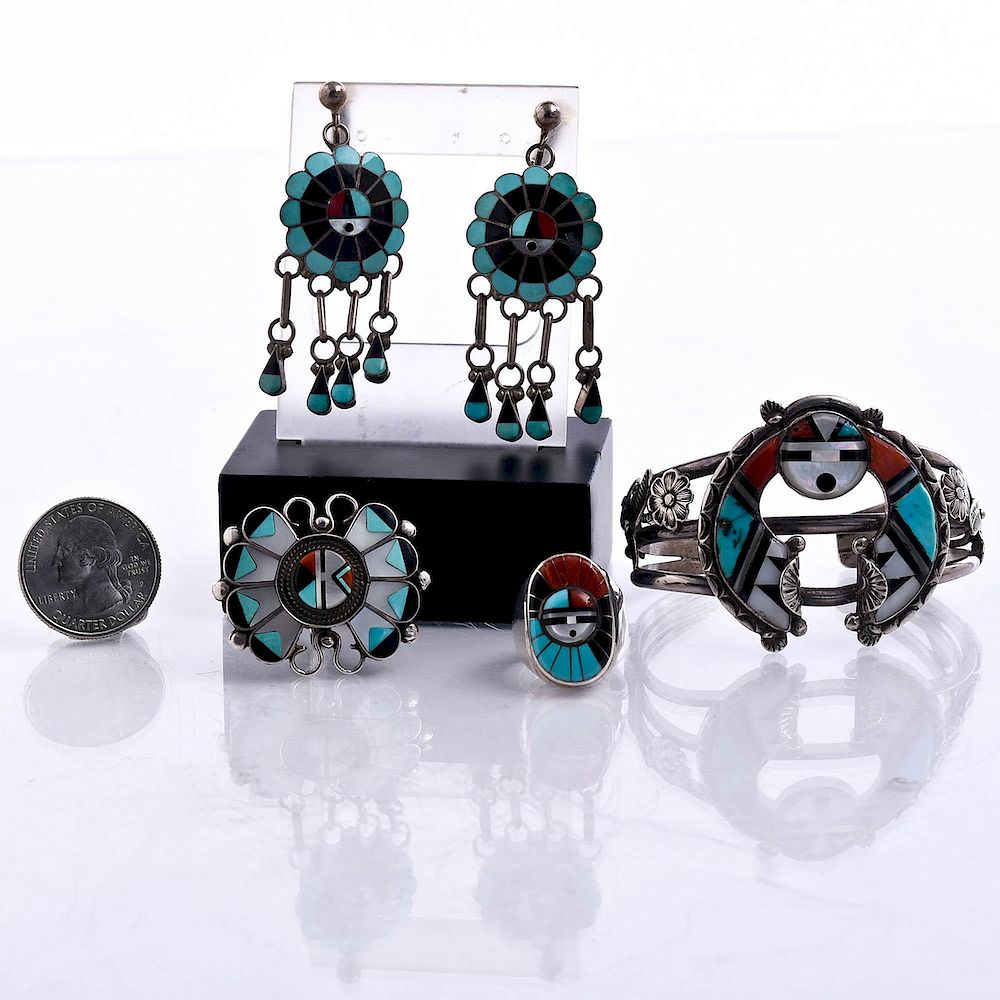 Appraisal: NATIVE AMERICAN SILVER BRACELET RINGS AND EARRINGS Turquoise jet red