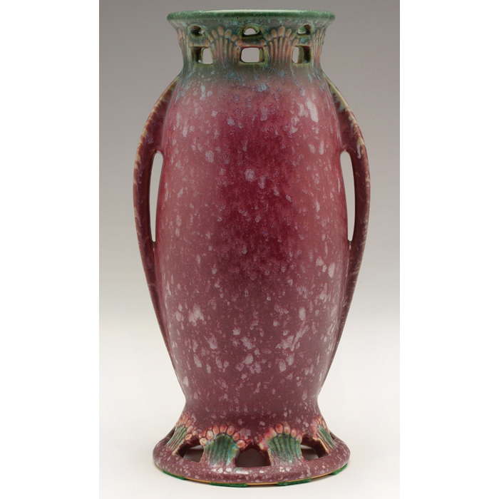 Appraisal: Good Roseville Ferella vase double handled shape in mottled red