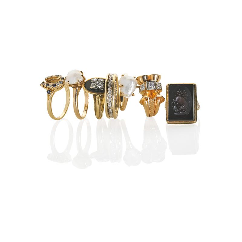 Appraisal: COLLECTION OF K YELLOW GOLD GEM-SET RINGS Seven pieces Two