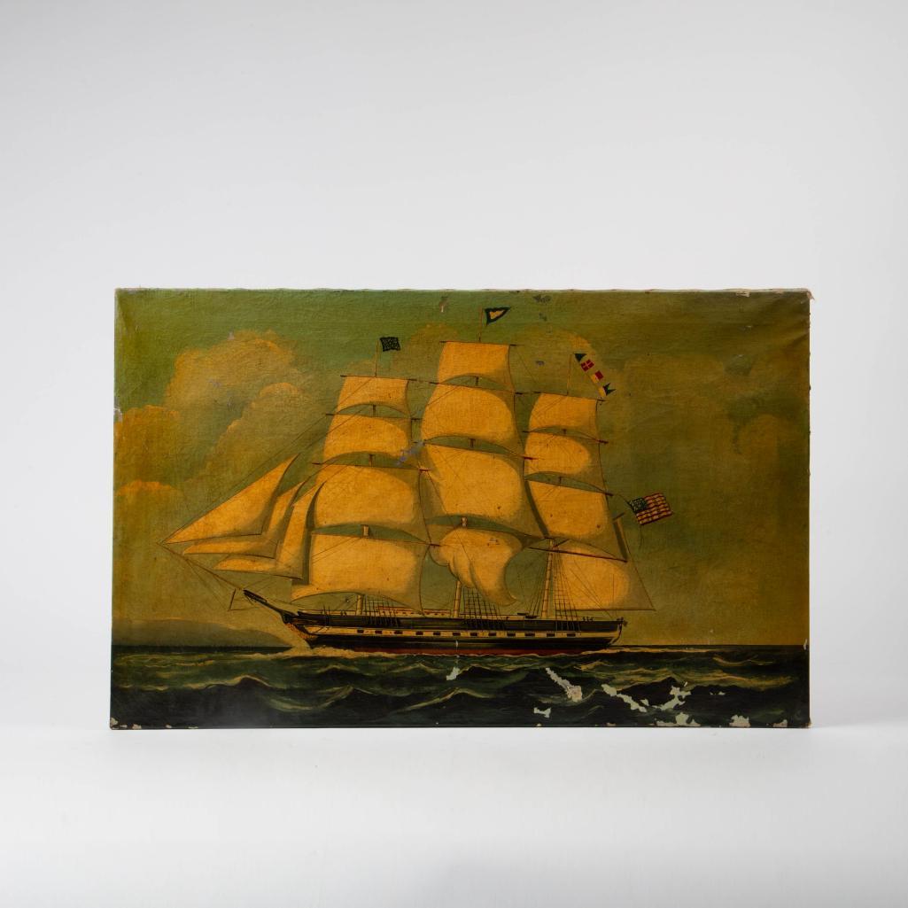 Appraisal: A FOLK ART UNSIGNED OIL ON CANVAS AMERICAN FRIGATE A