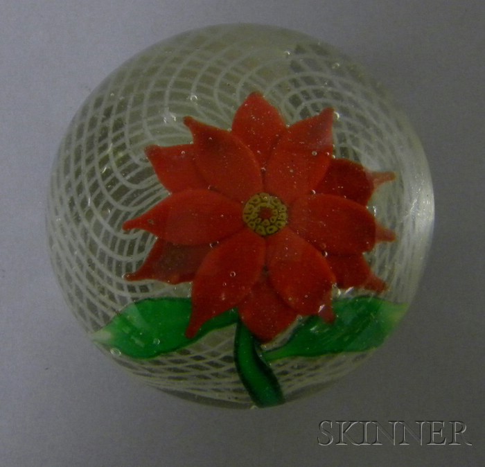 Appraisal: Poinsettia and Lattice Art Glass Paperweight approx dia in