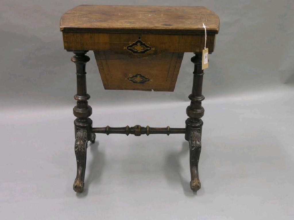 Appraisal: A Victorian inlaid walnut work table hinged top enclosing fitted