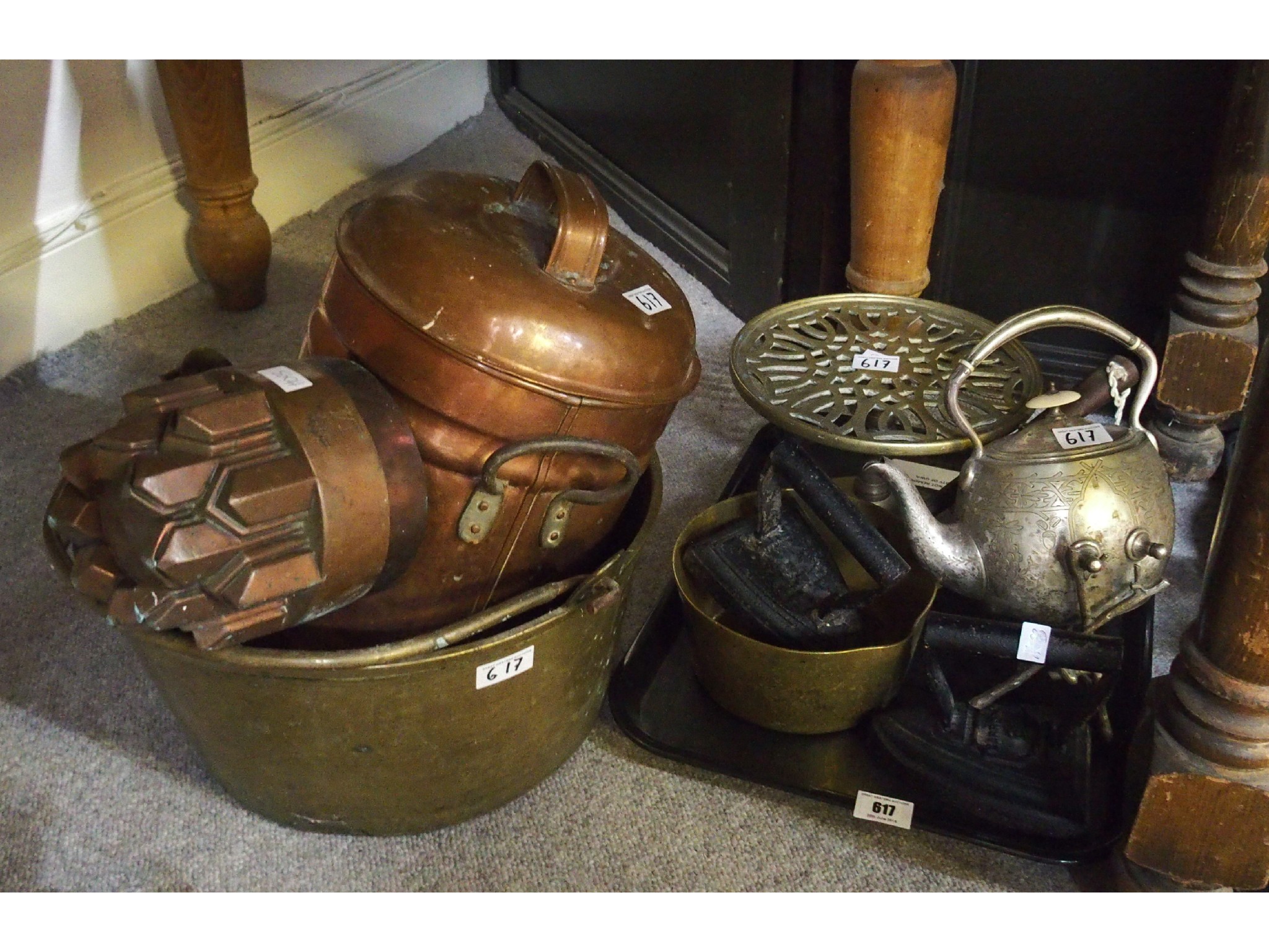 Appraisal: Group of metalware including two vintage irons teapot large brass