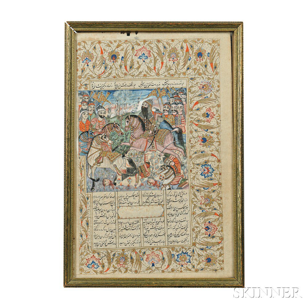 Appraisal: Two-sided Mughal-style Miniature Painting India depicting a battle scene with