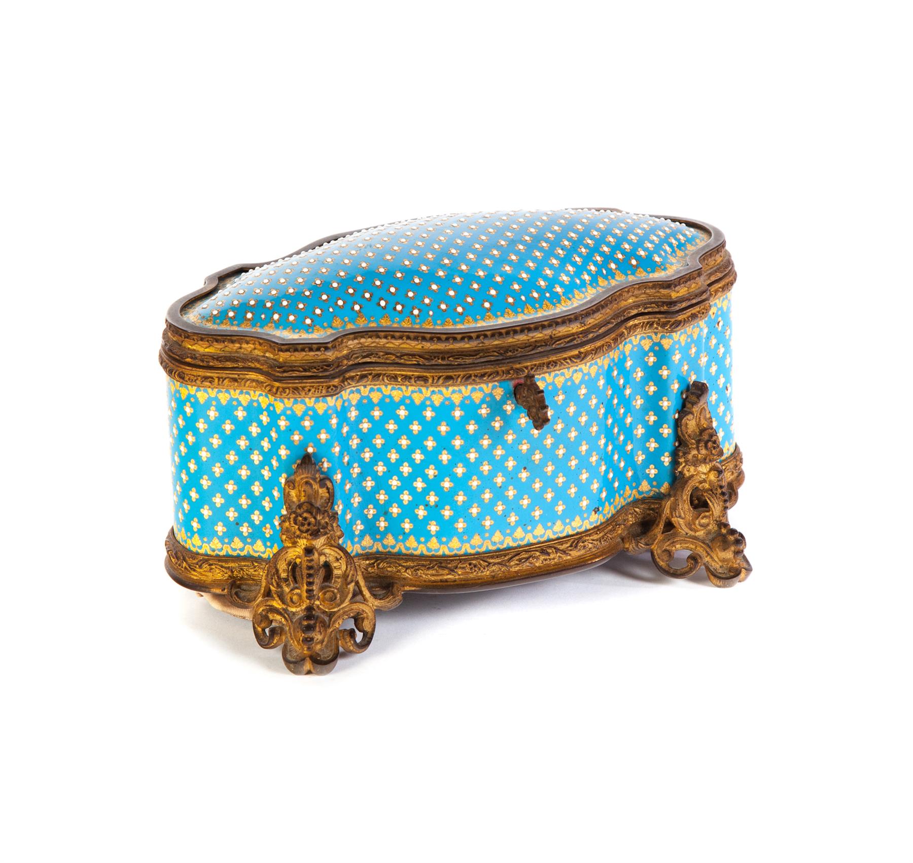 Appraisal: ENAMEL ON COPPER JEWELRY CASKET European mid th century Sky