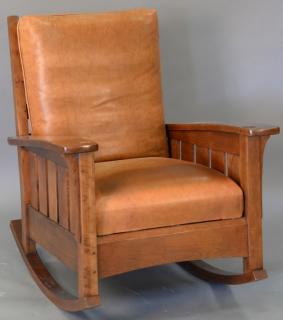 Appraisal: Stickley cherry mission style rocking chair with leather cushions Stickley