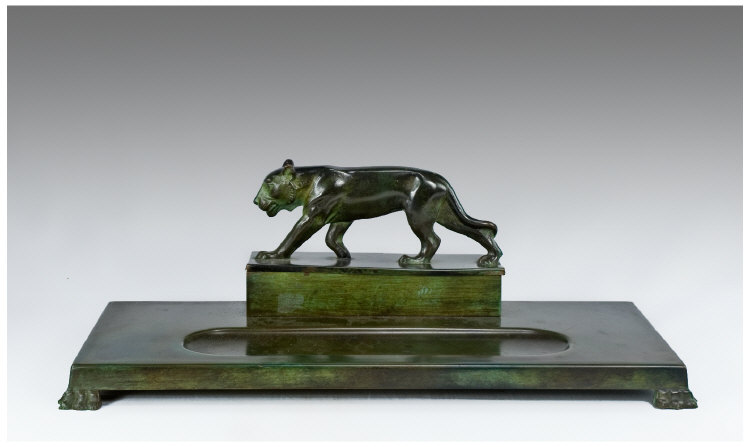 Appraisal: s Bronze Writing Stand In green Patination featuring two inkwells