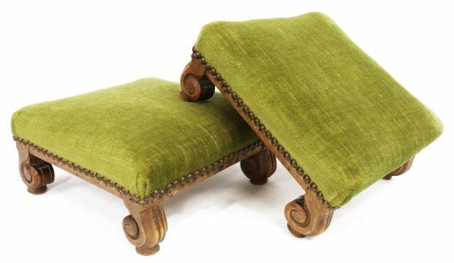 Appraisal: pair Petite French walnut footstools th c green mohair upholstered