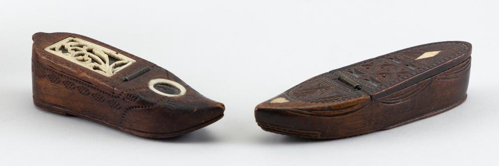 Appraisal: TWO PRISONER-OF-WAR SISSINGHURST SHOE TREEN AND BONE GAMES BOXES SISSINGHURST