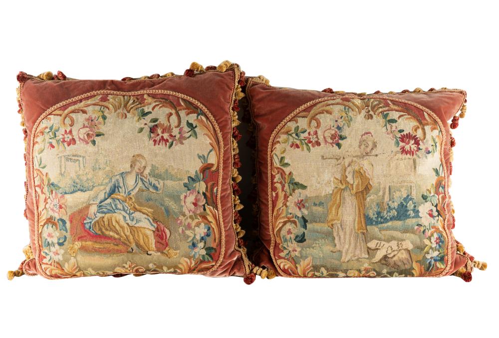 Appraisal: PAIR OF TAPESTRY PILLOWSwith velvet backing silk on verso inches