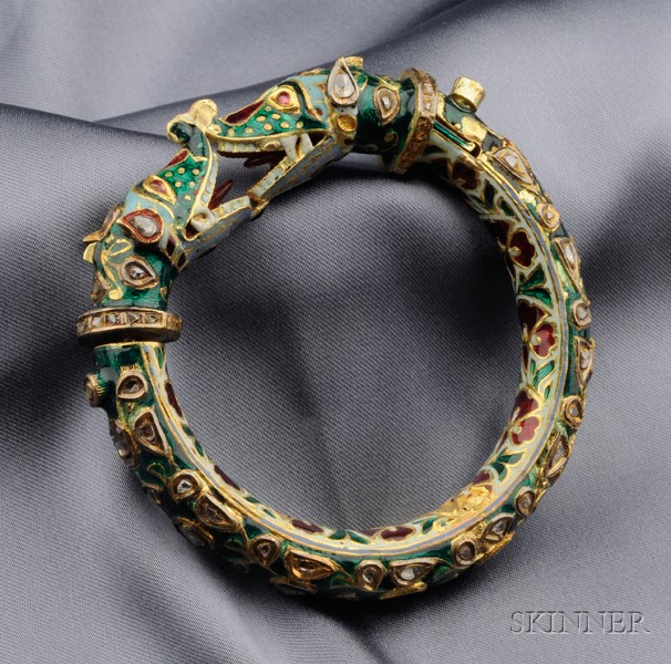 Appraisal: Enamel and Diamond Bangle India the polychrome enamel form bezel-set