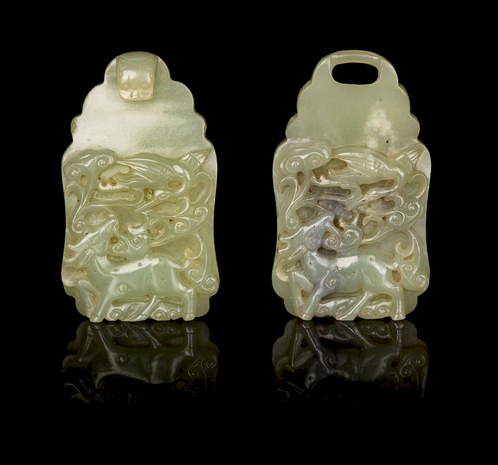 Appraisal: A Chinese Celadon Jade Two-Part Belt Buckle Each height in