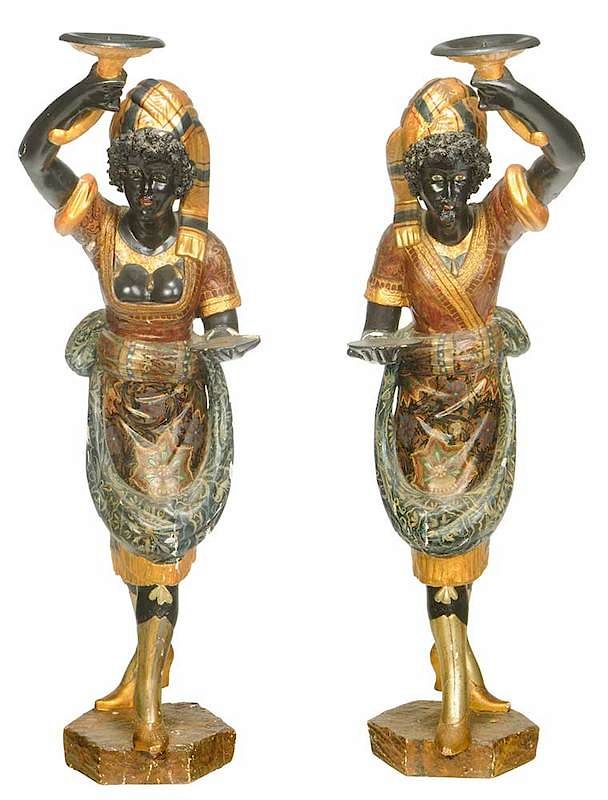 Appraisal: Pair Venetian Polychrome Blackamoor Torchieres Italian late th century carved