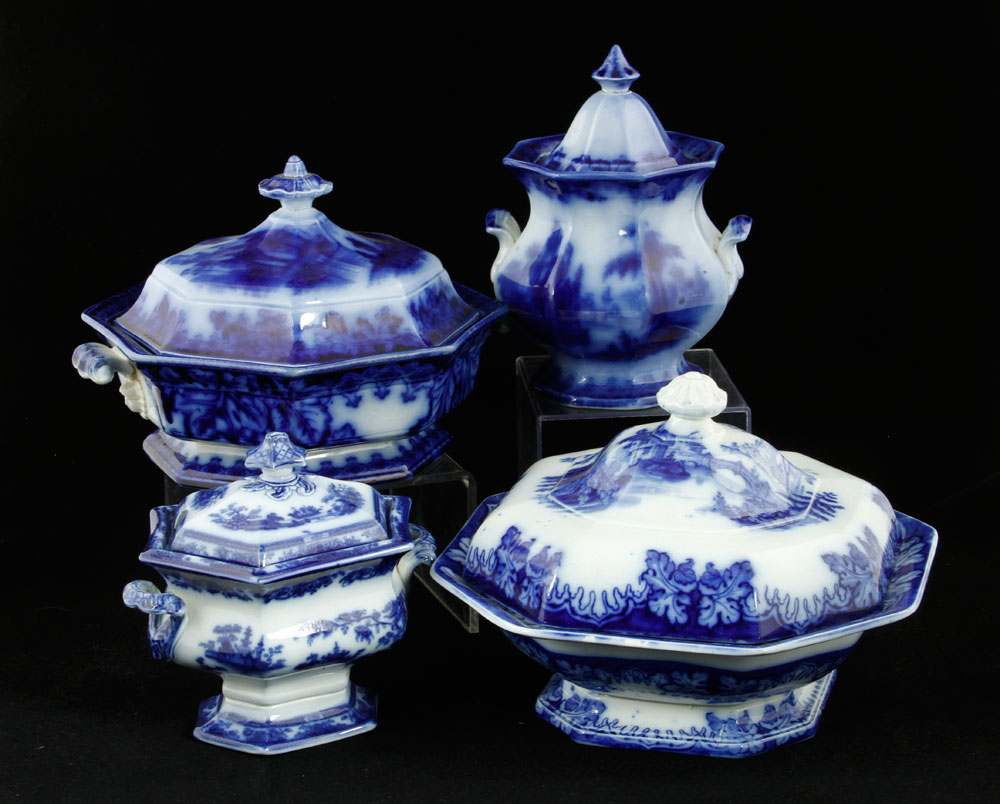 Appraisal: - Staffordshire Flow Blue Covered Tureens Lot of four Staffordshire