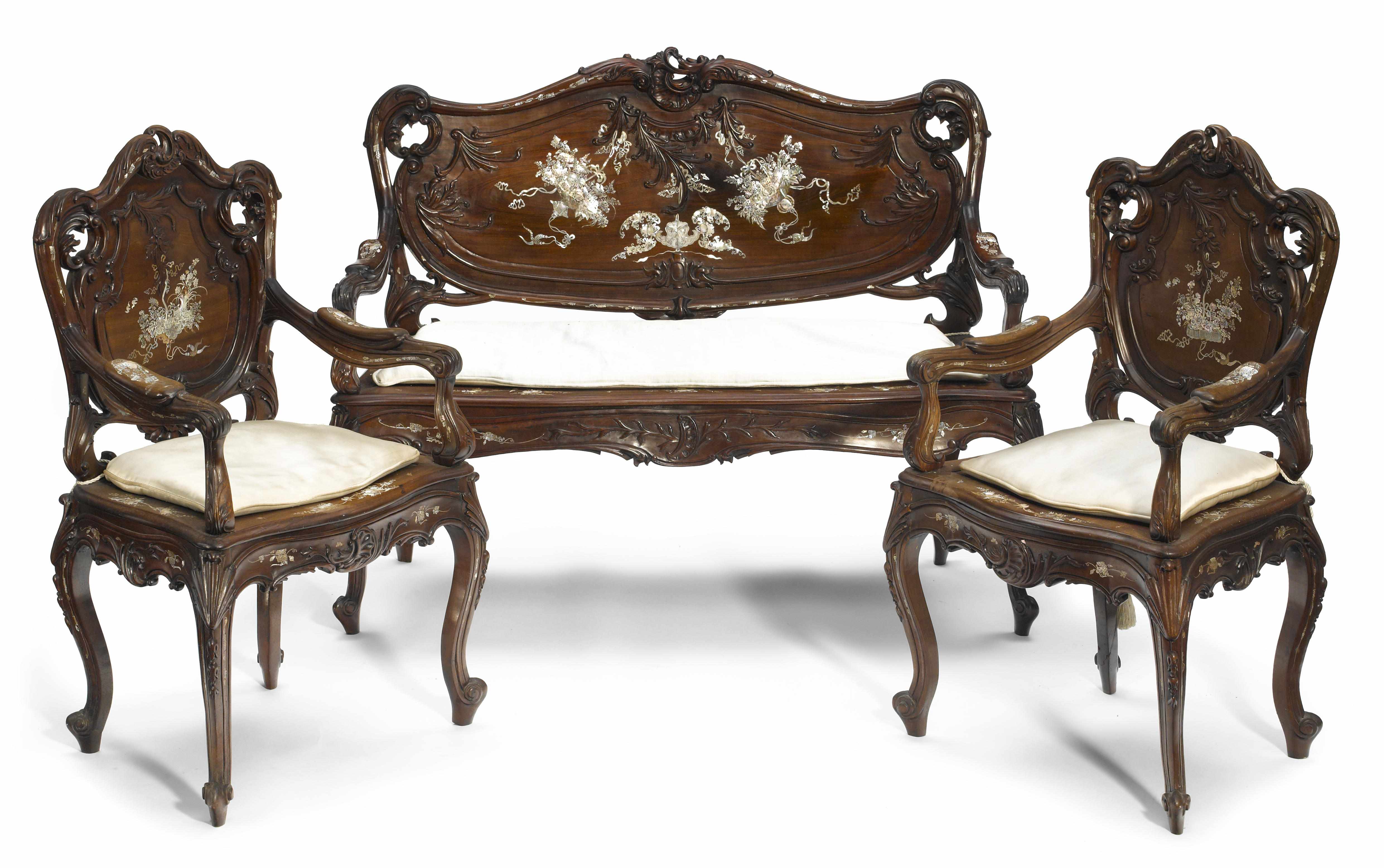 Appraisal: A Chinese mother-of-pearl inlaid rosewood settee together with two matching