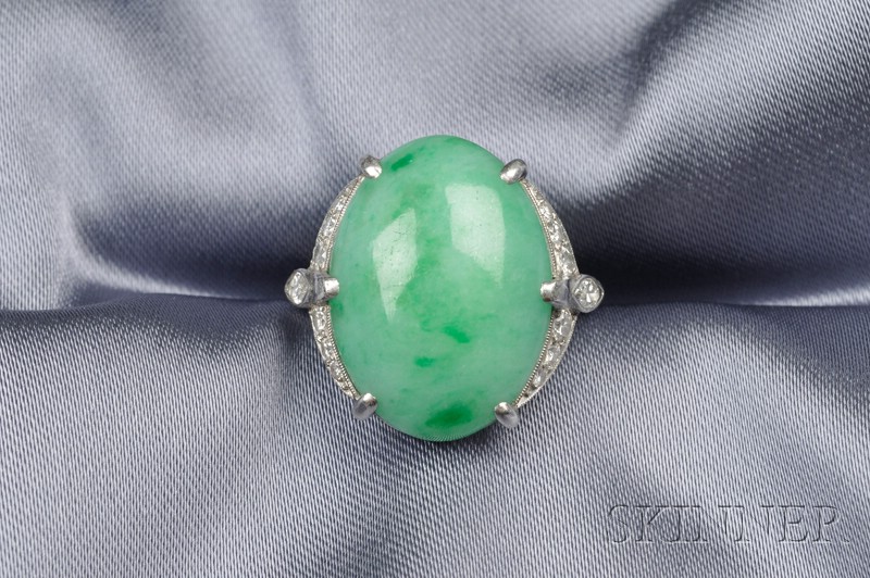 Appraisal: Platinum Jadeite and Diamond Ring set with a cabochon jadeite