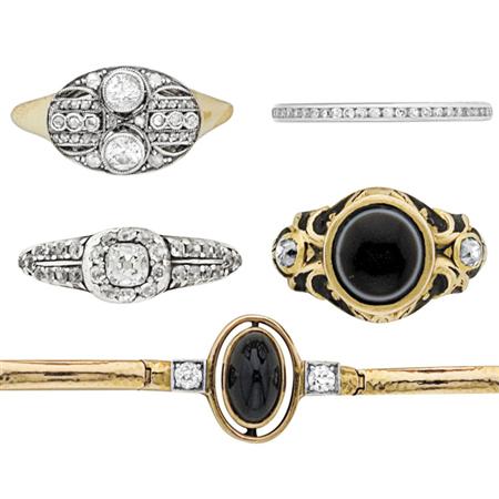 Appraisal: Four Period Rings and Gold Cabochon Sapphire and Diamond Bracelet