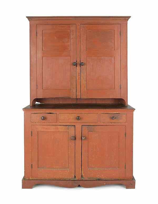 Appraisal: Painted pine two-part wall cupboard th c h w