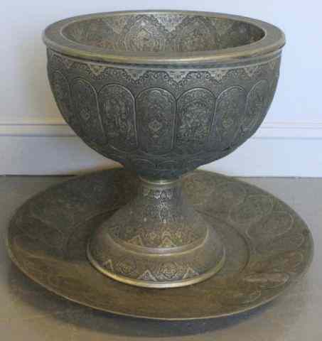 Appraisal: Large Middle Eastern Engraved Fruitbowl andUnder Plate Extremely fine engraving