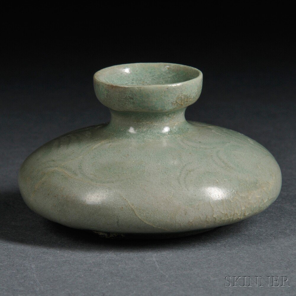 Appraisal: Celadon Oil Bottle Korea th century flattened-down globular body with