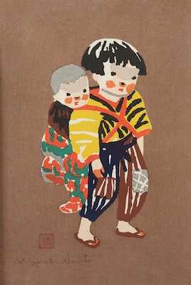 Appraisal: Kiyoshi Saito Japanese - Boy with Doll Woodcut in colors