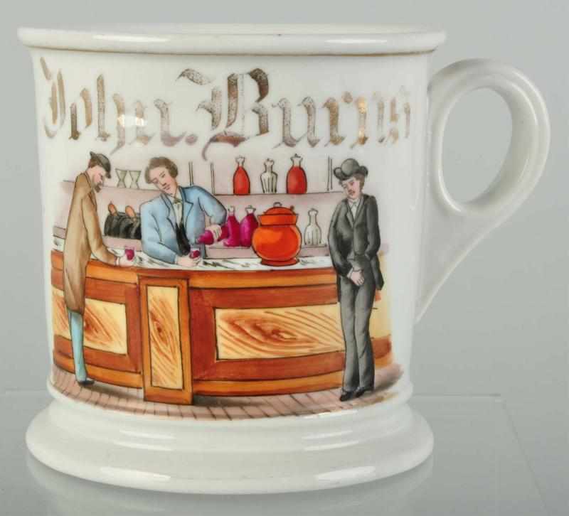 Appraisal: Bartender Scene Shaving Mug Description Gilt name John Burns Shows