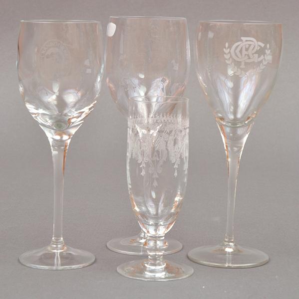 Appraisal: WINE GOBLETS THREE WHISKEY TUMBLERS FIVE ETCHED CHAMPAGNE FLUTES AND