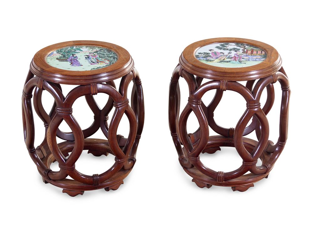 Appraisal: A Pair of Chinese Famille Rose Porcelain Inset Hardwood Stools