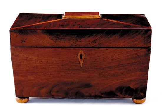 Appraisal: Regency style inlaid mahogany tea caddy mid th century sarcophagus