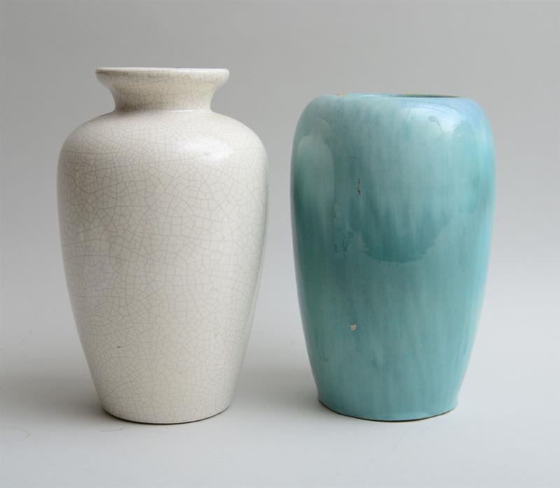 Appraisal: CHINESE WHITE CRACKLE-GLAZE POTTERY VASE Together with a green flamb