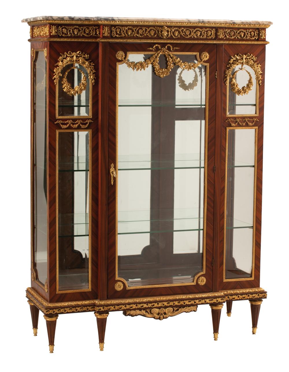 Appraisal: Louis XVI-Style Bronze-Mounted Kingwood Vitrine Cabinet breakfronted case with marble