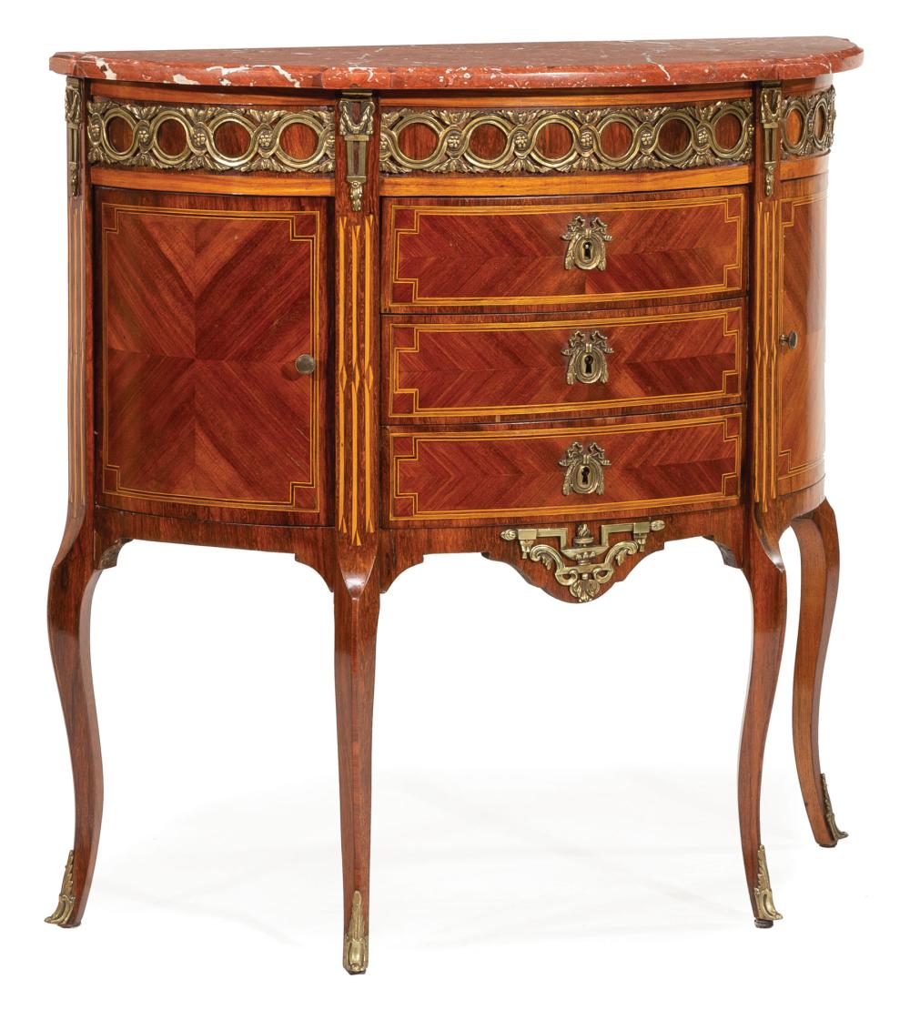 Appraisal: Louis XV-Style Bronze-Mounted Parquetry Demilune Commode shaped rouge marble top