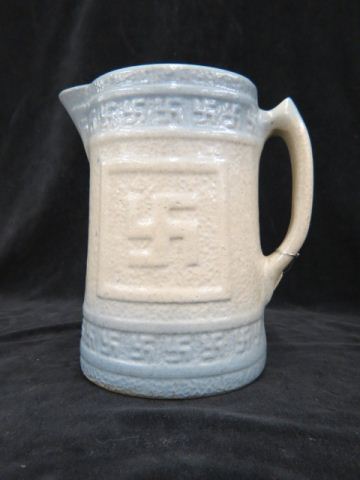 Appraisal: Blue White Stoneware Pitcher Indian Good Luck symbol excellent