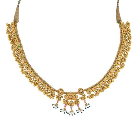 Appraisal: Indian Gold Foiled-Back Colored Stone and Seed Pearl Fringe Necklace