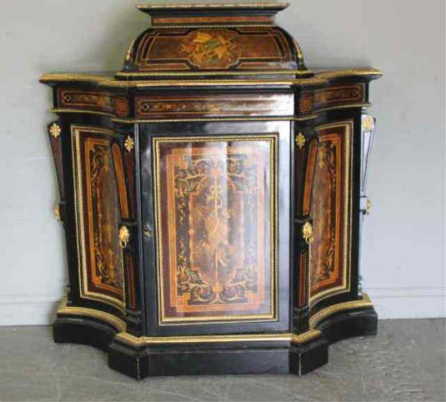 Appraisal: Victorian Lacquered and Marquetry Inlaid Cabinet From a Long Island