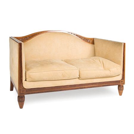 Appraisal: Art Deco Mahogany and Burl Amboyna Upholstered Settee Estimate nbsp