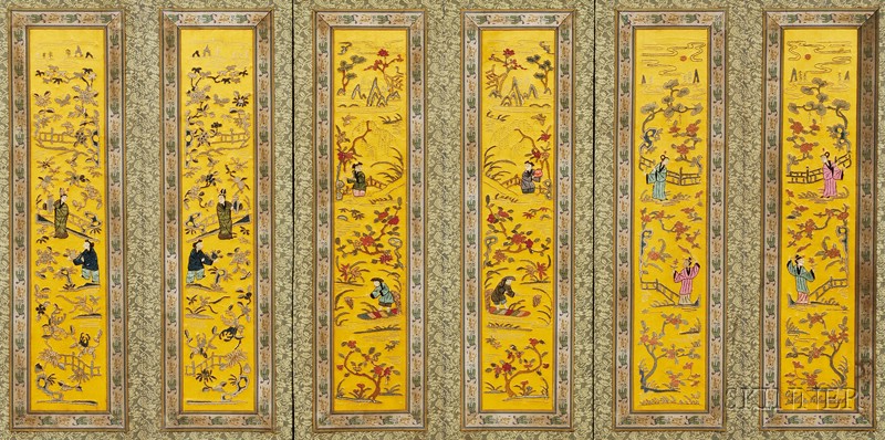 Appraisal: Embroidered Screen China th century textile covered paper one side