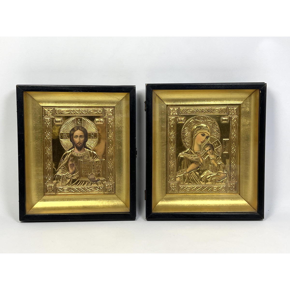 Appraisal: pc Vintage Religious icons with shadow box frames and gold