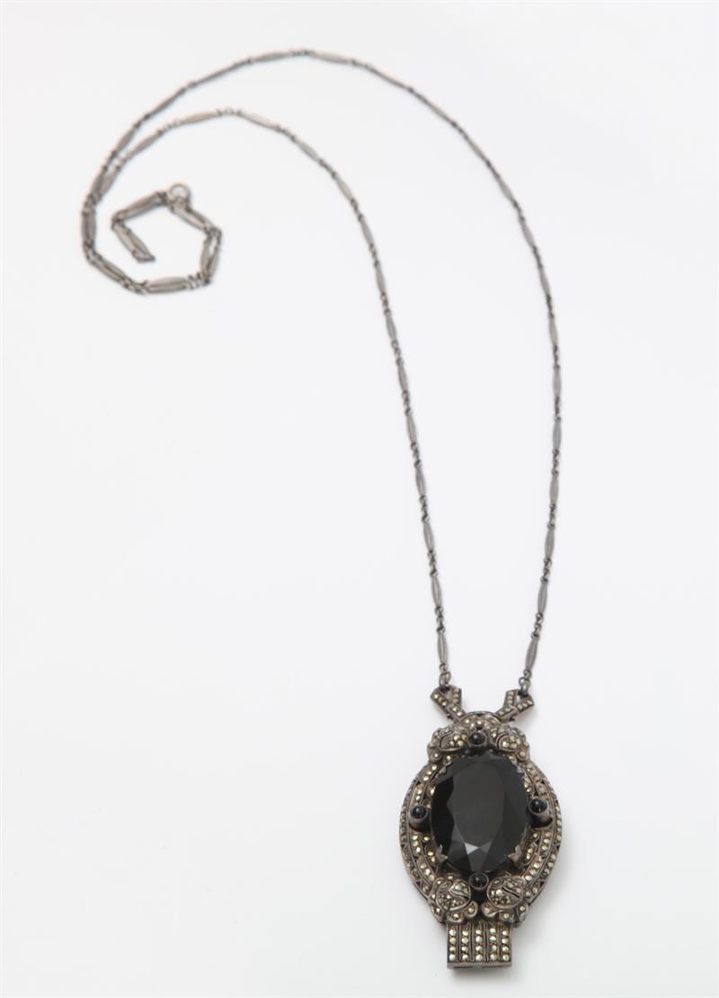 Appraisal: STERLING SILVER MARQUSITE AND SIMULATED BLACK ONYX PENDANT NECKLACE Stamped