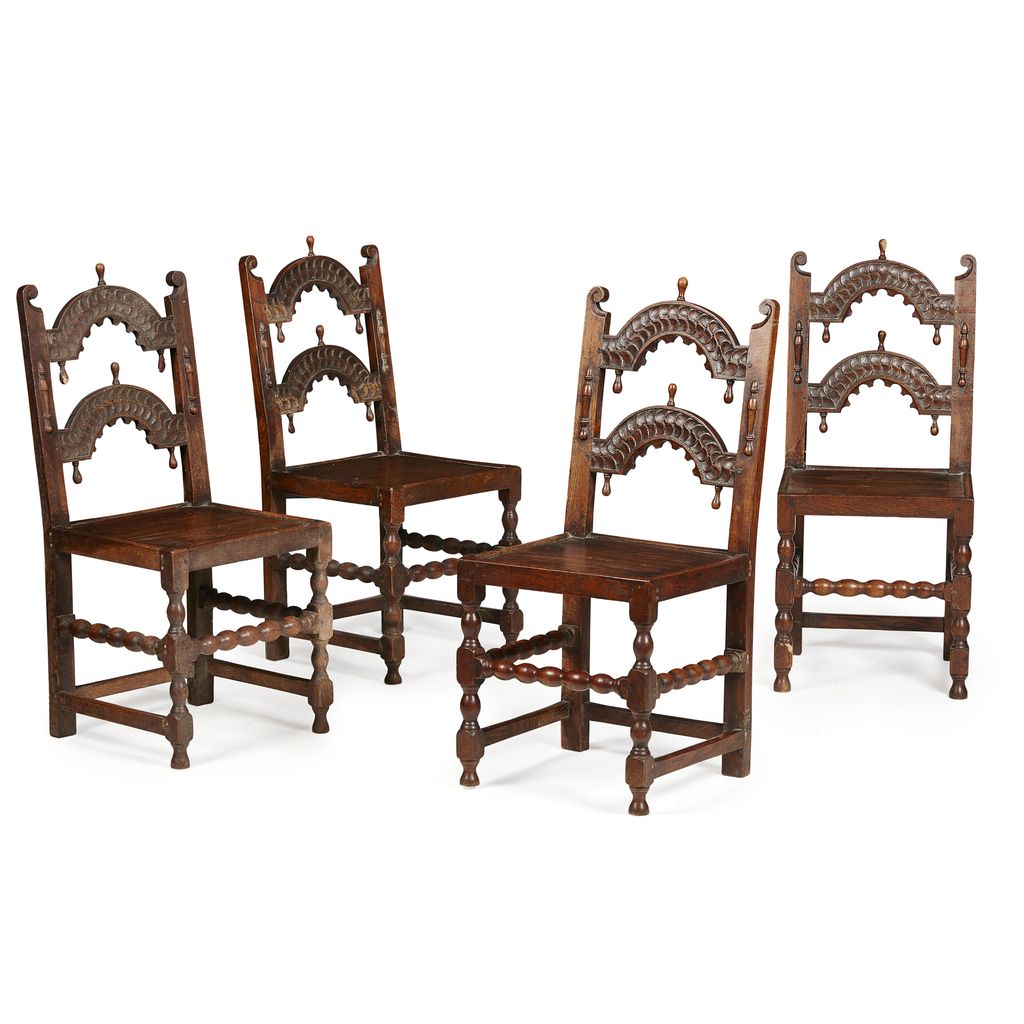 Appraisal: MATCHED SET OF FOUR SOUTH YORKSHIRE CARVED OAK BACK STOOLS