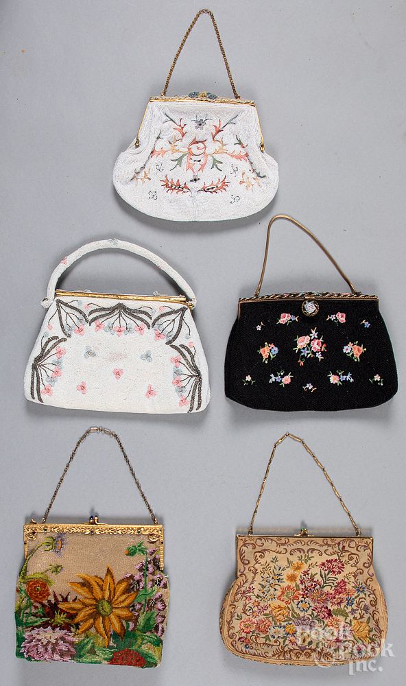 Appraisal: Five beadwork and embroidered purses Five beadwork and embroidered purses