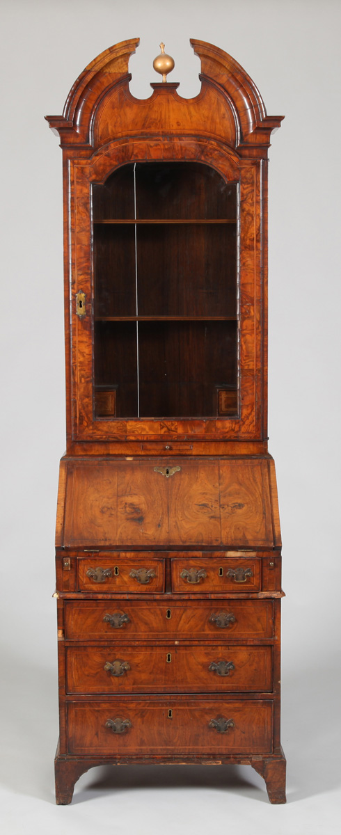 Appraisal: QUEEN ANNE INLAID WALNUT DIMINUTIVE BUREAU BOOKCASE The upper part