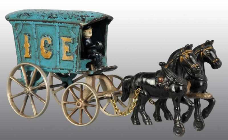 Appraisal: Cast Iron Arcade Horse-Drawn Ice Wagon Toy Description American Pulled