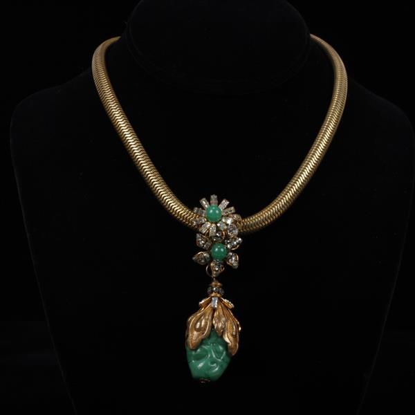 Appraisal: Miriam Haskell Gilt Brass Green Peking Glass Floral Necklace