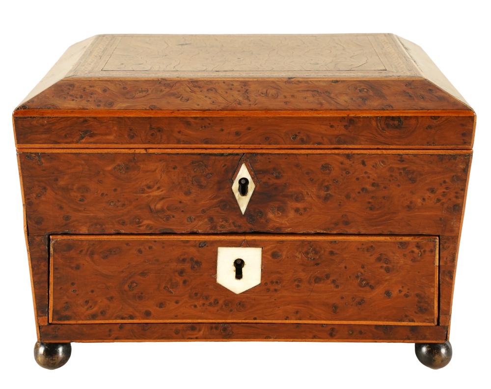 Appraisal: INLAID BURL DESK BOXparquetry banded and hinged top paper lined