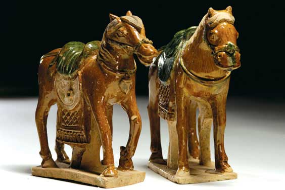 Appraisal: PAIR MING GLAZED HORSES Pair Chinese Ming Dynasty green and