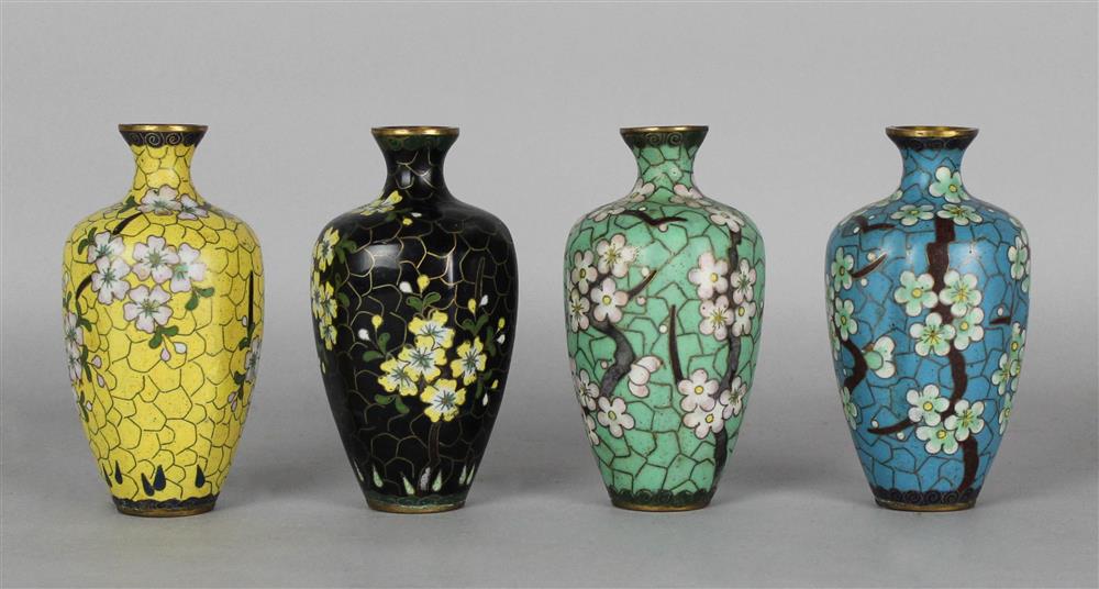 Appraisal: SET OF FOUR CHINESE CLOISONNE ENAMEL SMALL VASES WITH FLATTENED